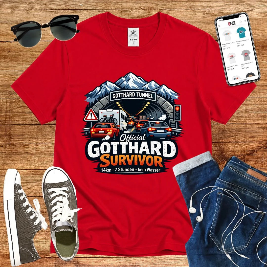 T-Shirt in Red mit Illustration von Gotthard-Tunnel mit Autos und Bergen, Schriftzug „Official Gotthard Survivor“