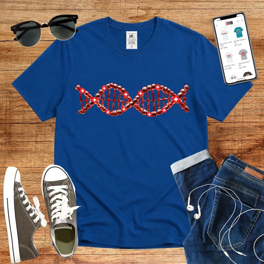 T-Shirt in Royal Blue mit DNA-Motiv mit roten Kugeln und weißen Kreuzen